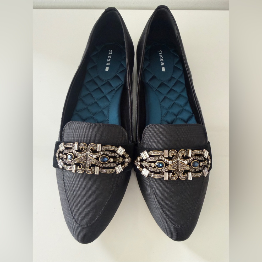 BIRDIES Jeweled Loafers Shoes Black Satin Size 9